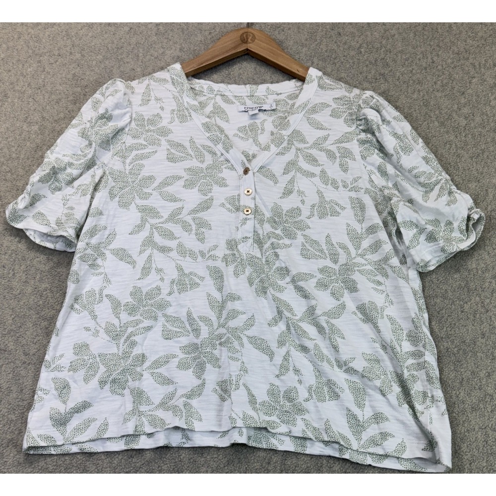 Chico's Womens Blouse Top White Puff Sleeve V-Neck Floral Print Cottage 2 US L